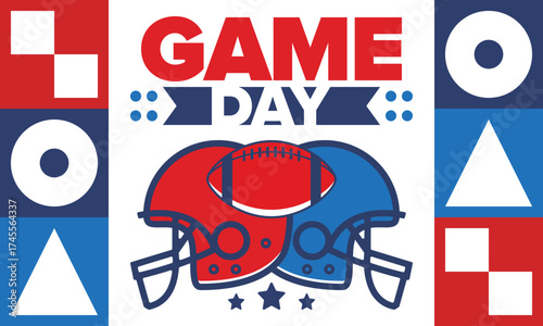 Game Day. American football playoff. Super Party in United States. Final game of regular season. Professional team championship. Ball for american football. Sport poster. Vector illustration