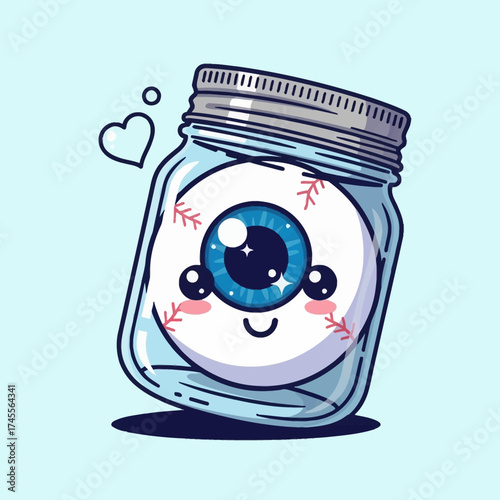 Cute Eyeball in a Jar with a Heart and Happy Face.