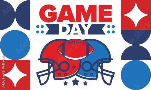 Game Day. American football playoff. Super Party in United States. Final game of regular season. Professional team championship. Ball for american football. Sport poster. Vector illustration