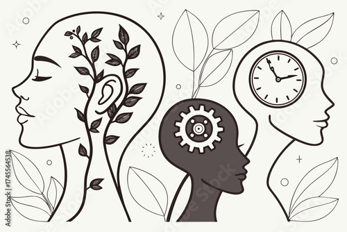 Three stylized human heads with symbolic elements representing mind and growth profile silhouette