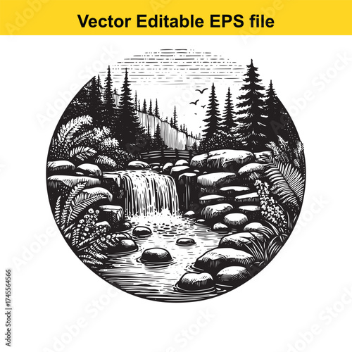Vector art of black and white illustration of a waterfall in a forest setting