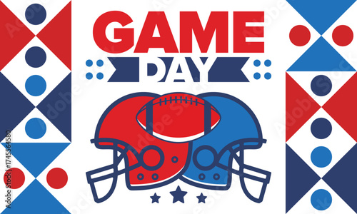 Game Day. American football playoff. Super Party in United States. Final game of regular season. Professional team championship. Ball for american football. Sport poster. Vector illustration