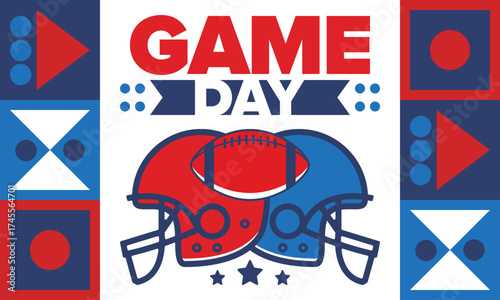 Game Day. American football playoff. Super Party in United States. Final game of regular season. Professional team championship. Ball for american football. Sport poster. Vector illustration