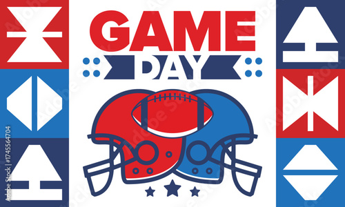 Game Day. American football playoff. Super Party in United States. Final game of regular season. Professional team championship. Ball for american football. Sport poster. Vector illustration