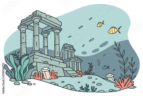 Underwater ancient ruins with fish and plants illustration architecture columns