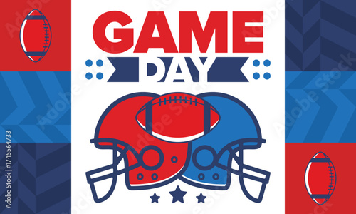 Game Day. American football playoff. Super Party in United States. Final game of regular season. Professional team championship. Ball for american football. Sport poster. Vector illustration
