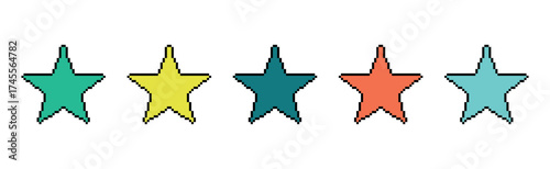 A set of pixel stars in various colors. Pixel stars with black outlines, 8-bit. Isolated vector illustration on a white background.