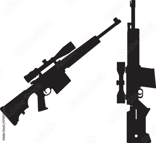 Two distinct sniper rifle silhouettes with scopes on a white background silhouette