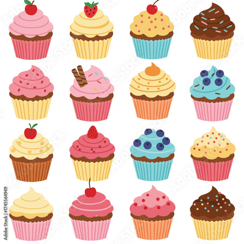 A delightful collection of vibrant flat 2D vector cupcakes, each adorned with unique colorful toppings, neatly arranged on a clean white background, creating a cheerful and appetizing display.