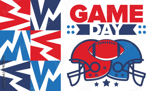 Game Day. American football playoff. Super Party in United States. Final game of regular season. Professional team championship. Ball for american football. Sport poster. Vector illustration