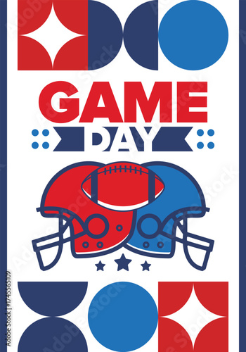 Game Day. American football playoff. Super Party in United States. Final game of regular season. Professional team championship. Ball for american football. Sport poster. Vector illustration