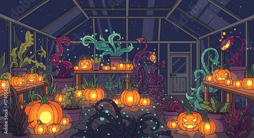 Enchanted Halloween Night in a Greenhouse Full of Jack O Lanterns.
