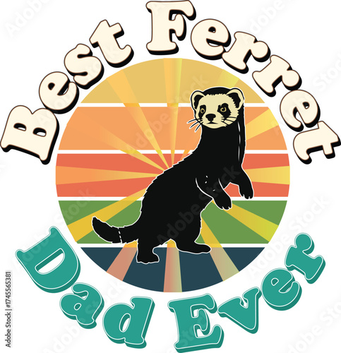 Best Ferret Dad Ever – Retro Sunset Ferret Illustration for Pet Lovers