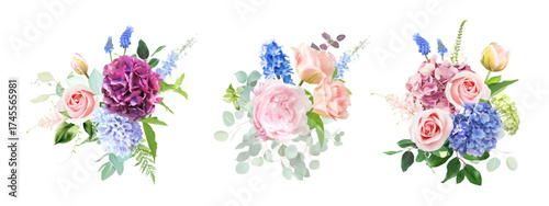 Bright roses, pink peony, hydrangea, tulips, ranunculus, greenery and branches floral vector bouquets. Bold colored watercolor. Blooming garden. Spring florals. Elements are isolated and editable