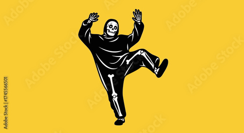 Funny dancing character wearing a black skeleton costume.