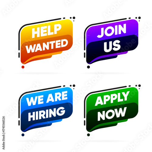Help Wanted, Join Us, We are Hiring and Apply Now banners isolated on white background. Vector illustration.