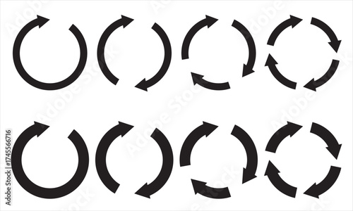 Circular recycle arrow icons collection.  Circular arrow icons representing recycling, rotation, and process cycles. Perfect for eco, refresh, or loop concepts.

