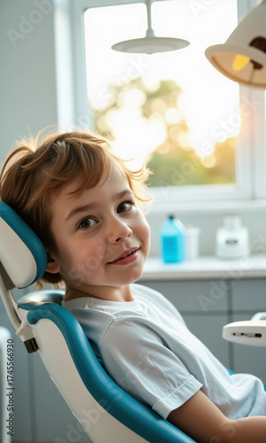 A child is sitting in an armchair at a dentist's appointment. A positive photo.