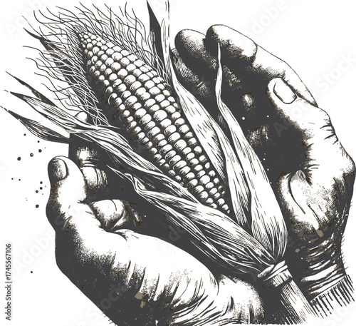 This illustration shows a pair of hands gently cradling a collection of acorns, highlighting the connection between nature and humanity through nurturing and growth