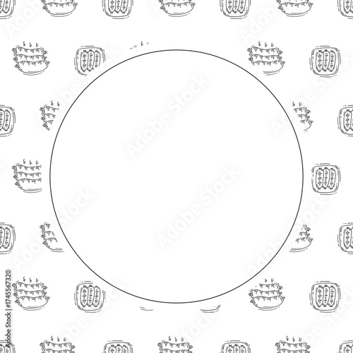 sausage frame. doodle grill sausage circle frame. hand drawn sausage frame background. grill sausage background