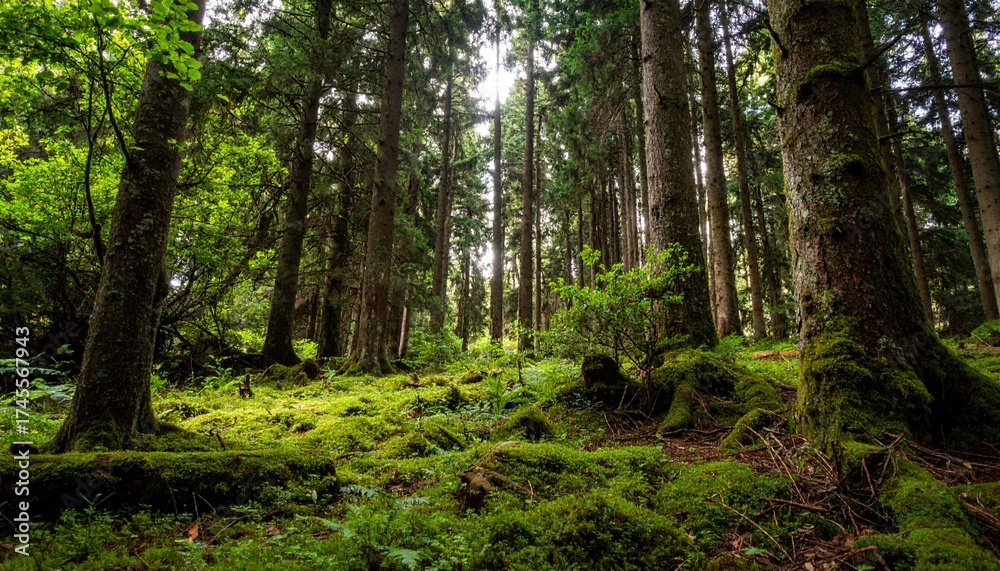 Fototapeta premium Forest with natural skylight opening in canopy allowing a single column of light to reach the mossy ground