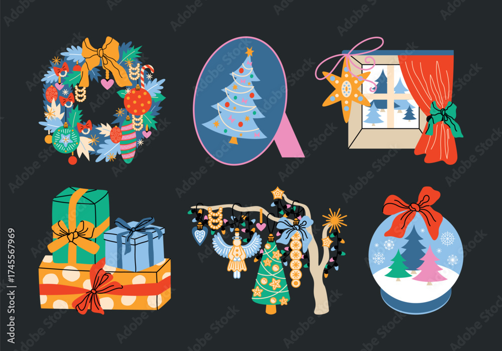 Obraz premium Cute set of Christmas and New Year flat illustrations in cartoon style. Holiday gifts and decor, winter, snowflakes, Christmas ball, Christmas tree, wreath, toys and cozy atmosphere. Seasonal objects