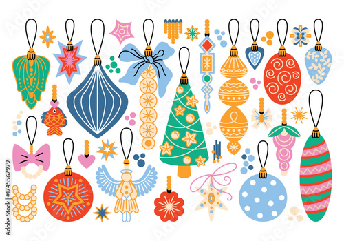 Cute Christmas tree decorations in retro cartoon style. Holiday baubles and ornaments, glass balls, stars, fish, bows, decorative figures and Christmas trees. Seasonal winter holiday flat illustration