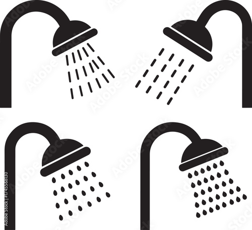 Four different shower head icons showing water flowing in a silhouette style
