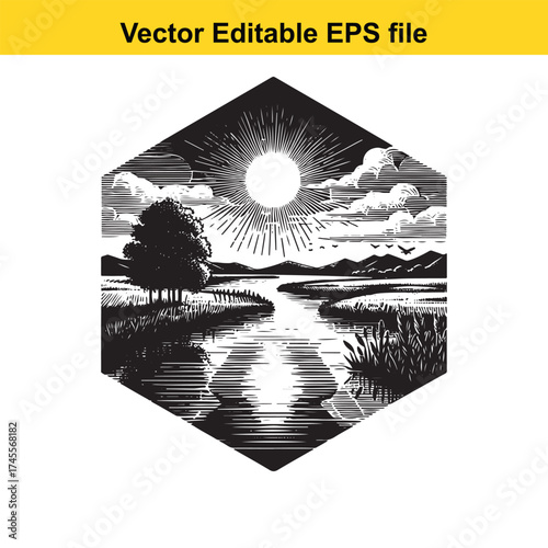 Vector art of a serene landscape with a river and sun