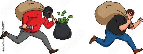Thieves running with loot, cartoon crime escape sketch, masked burglar duo vector, urgency and action pose, symbolic theft illustration concept