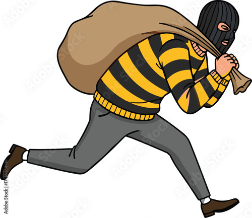 Thief running with sack, cartoon crime escape sketch, masked burglar character vector, striped sweater pose, symbolic theft illustration concept