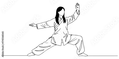 Continuous one line drawing of a person practicing tai chi, representing harmony, energy, and consciousness, vector illustration style.