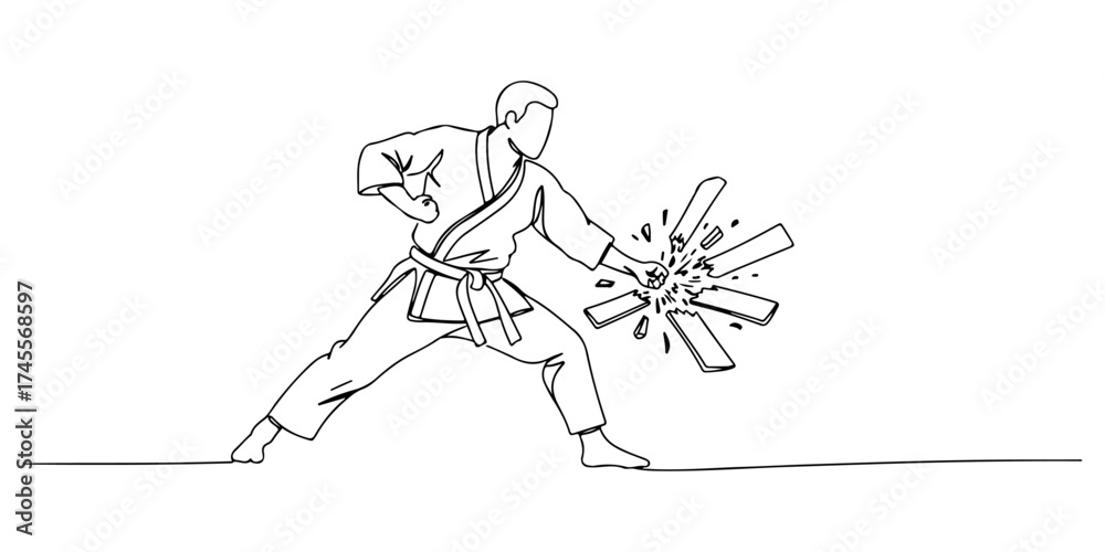 Fototapeta premium Continuous one line drawing of a karate master breaking a board, symbolizing discipline, tradition, and strength, style vector illustration.