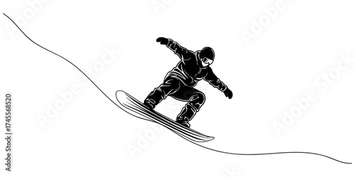 Continuous one line drawing of a snowboarder in the middle of a trick, symbolizing freedom, thrill, and style, style vector illustration.