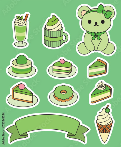 Kawaii green dessert set with cute bear, matcha cakes, drinks, donuts, and ice cream in playful pastel style. Perfect for cafe or sweet-themed designs.