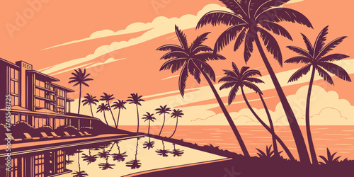 topical beach sunset with palm trees reflected in a serene infinity pool at a seaside resort