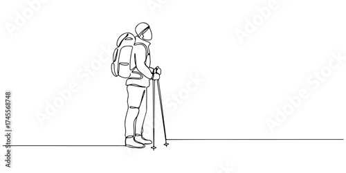 Continuous one line drawing of a climber standing with a trekking pole, symbolizing exploration, nature, and balance, style vector illustration.