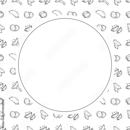 sausage frame. doodle grill sausage circle frame. hand drawn sausage frame background. grill sausage background