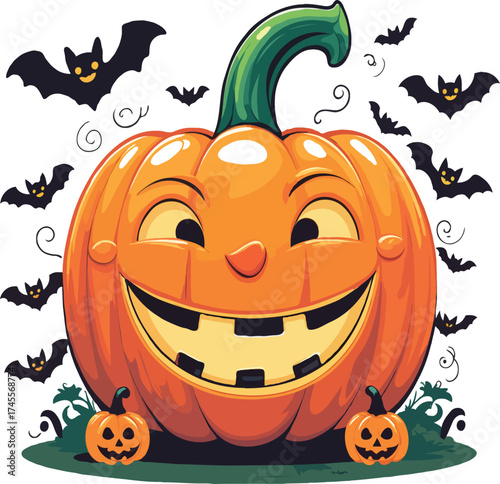 pumpkin surrounded with several little cute bats