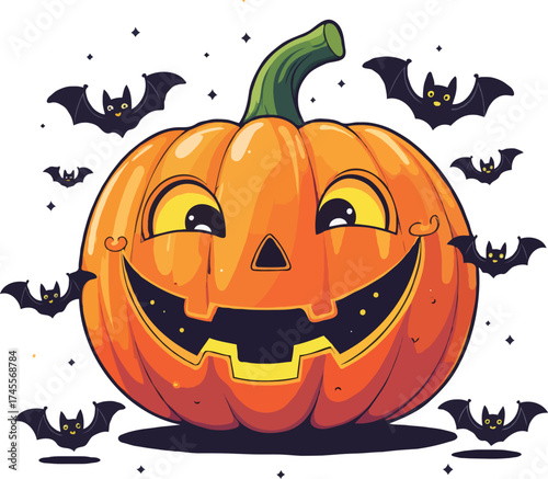 pumpkin surrounded with several little cute bats