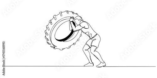 Continuous one line drawing of a person flipping a tire during training, symbolizing strength, determination, and tenacity, vector illustration style.