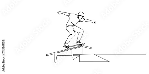 Continuous one line drawing of a skateboarder gliding on a rail, representing creativity, energy, and movement, style vector illustration.