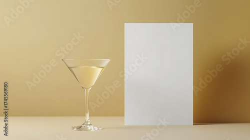Minimalist composition featuring a cocktail in a martini glass beside a blank white card against a golden background, creating a modern and elegant aesthetic.