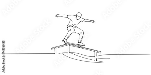 Continuous one line drawing of a skateboarder gliding on a rail, representing creativity, energy, and movement, style vector illustration.