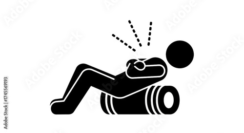 Stick figure with upper back pain using a foam roller for self-massage and muscle relief. Physical therapy and exercise concept.