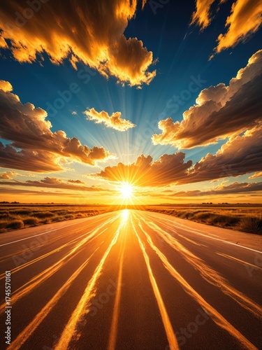 Majestic sunset over a road with sunrays, illuminating the path and horizon