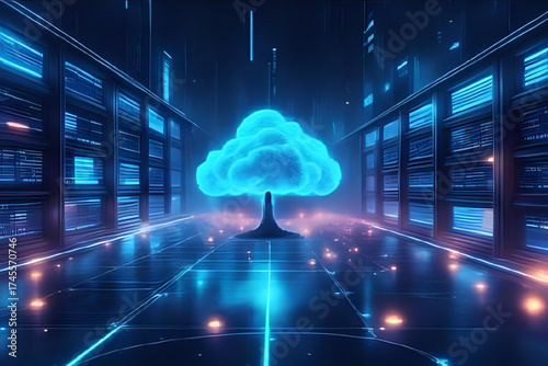 Futuristic technology background featuring data analytics, artificial intelligence, and database management systems connected through a global internet network