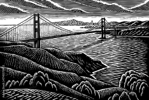 San Francisco cityscape black and white sketch with Golden Gate Bridge, ocean, and hills, iconic California travel illustration