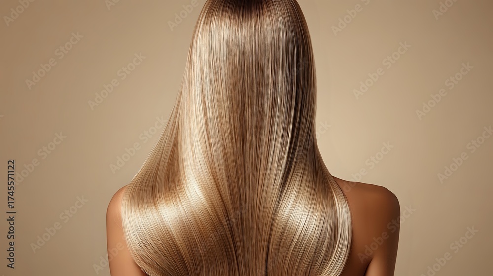 Naklejka premium Young woman with long straight blonde glossy hair from back view against beige background, demonstrating healthy, smooth, shiny hairstyle after salon treatment.