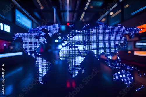 Futuristic technology background featuring data analytics, artificial intelligence, and database management systems connected through a global internet network